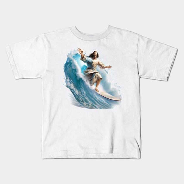 Surfer Jesus Kids T-Shirt by infernoconcepts